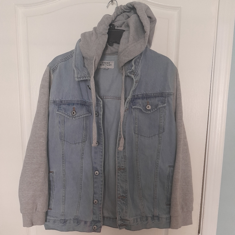 Urban Heritage Light Blue Denim Jacket with Gray Hood
